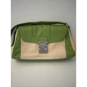 Antonio Melani Green And Ivory Canvas Shoulder Bag Leather Trim Zip  Pocket